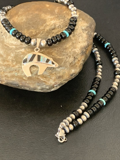 Turquoise Opal Inlay Pendant Black Onyx Navajo Sterling Silver Necklace 12698