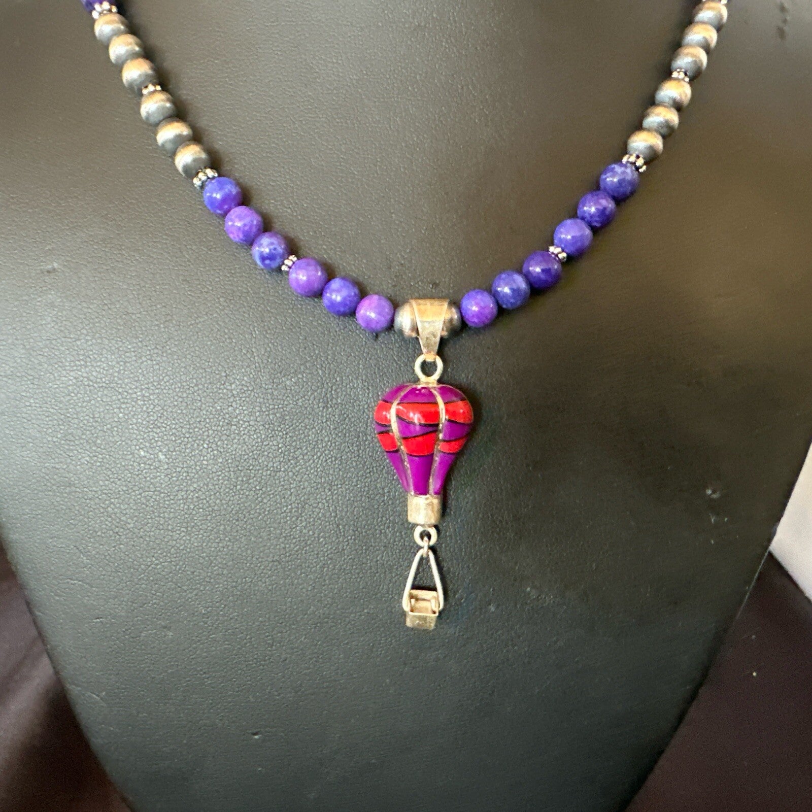 Balloon Red Coral Purple Pendant Navajo Sterling Silver Necklace 22" 18346