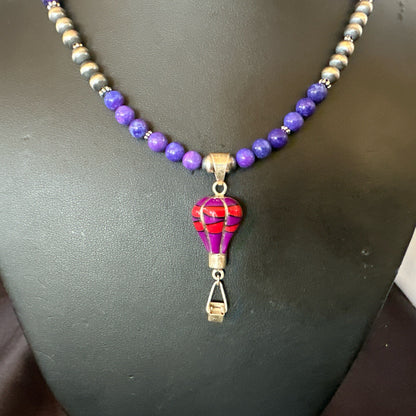 Balloon Red Coral Purple Pendant Navajo Sterling Silver Necklace 22" 18346