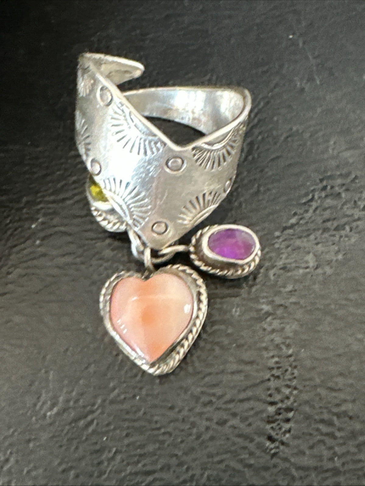 Heart Pink Conch Cluster Spiny Stamped Ring Adjustable Navajo Sz 7.5 19202