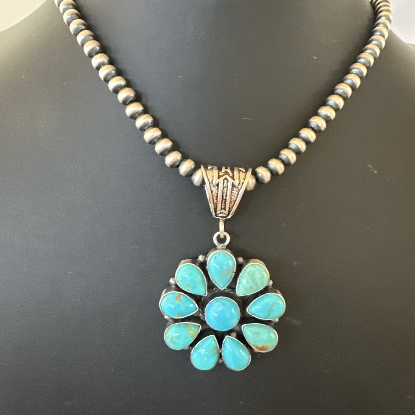Blue Turquoise Navajo Sterling Silver Cluster Round Pendant Necklace 2”19316
