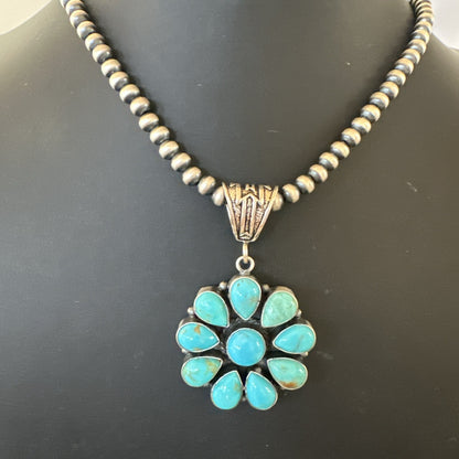 Blue Turquoise Navajo Sterling Silver Cluster Round Pendant Necklace 2”19316