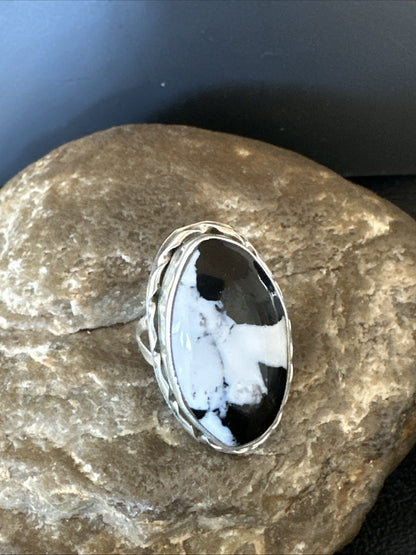 Black White Buffalo Turquoise Navajo Sterling Silver Ring Size 7 19806