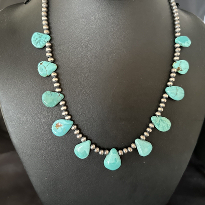 17in Teardrop Navajo Pearls Sterling Silver Blue Turquoise Necklace 14732