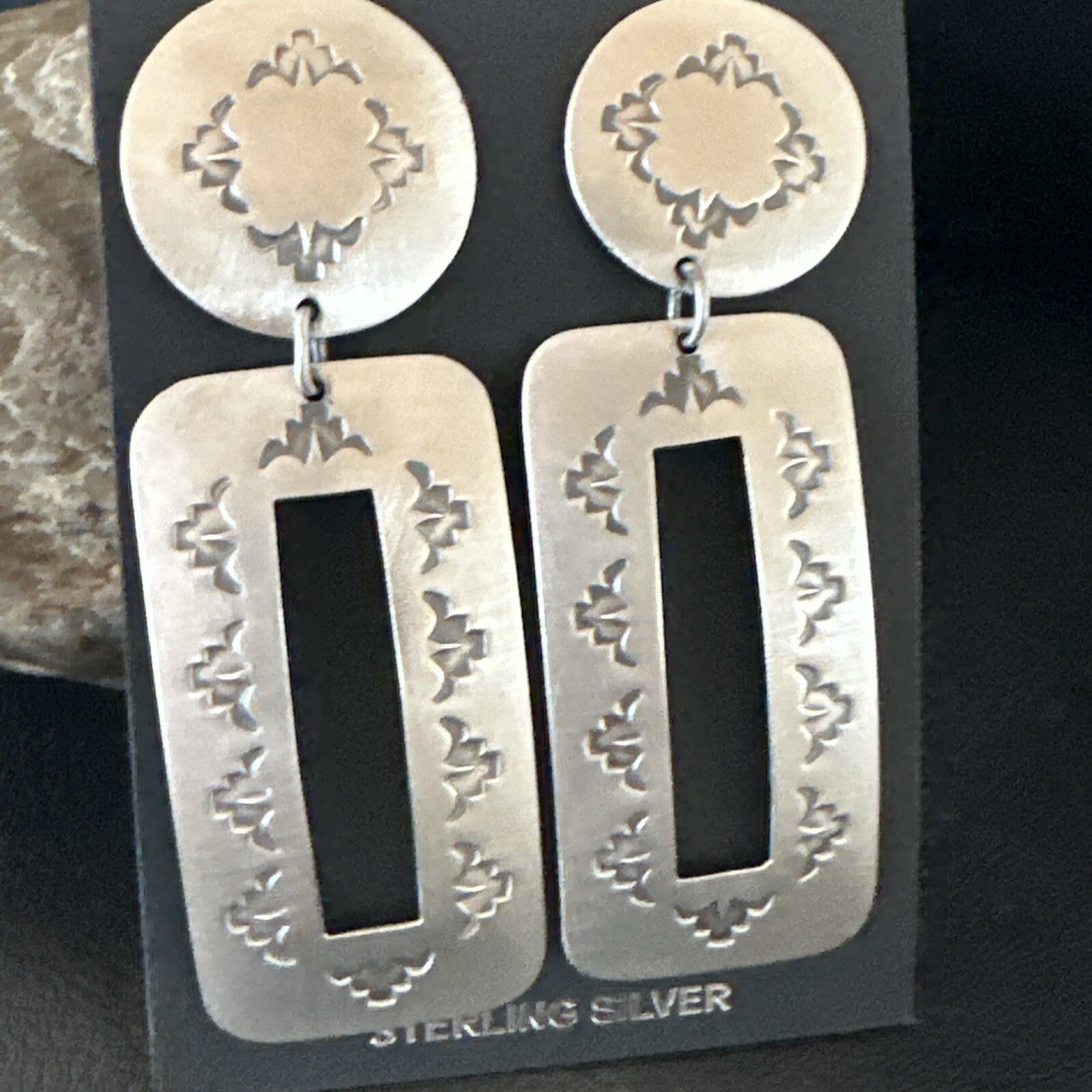 Popular Navajo Stamped Sterling Silver Stamped Handmade Earrings  2.75" 17859