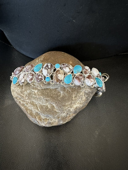 WoMen Blue Wild Horse Turquoise Sterling Silver Southwestern Link Bracelet 17973