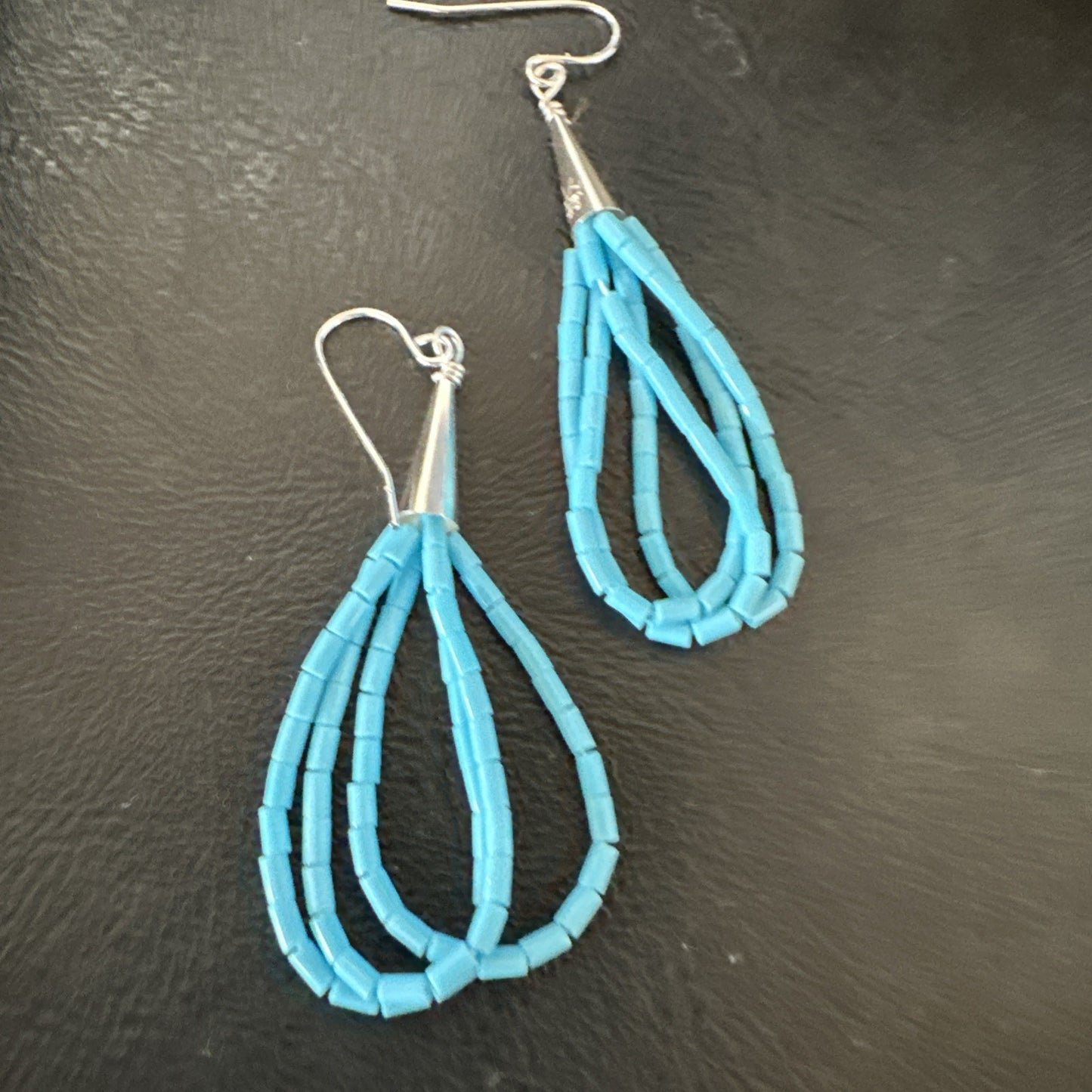 Blue Turquoise 3 Strand Sterling Silver Heishi Dangle 2” Earrings 18196