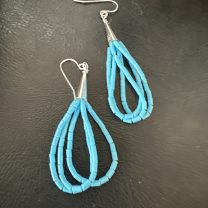 Blue Turquoise 3 Strand Sterling Silver Heishi Dangle 2” Earrings 18196