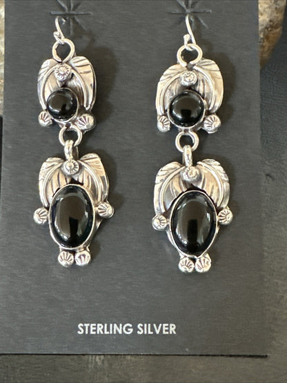 Black Onyx Navajo Sterling Silver Dangle Earrings 1.5" 18285