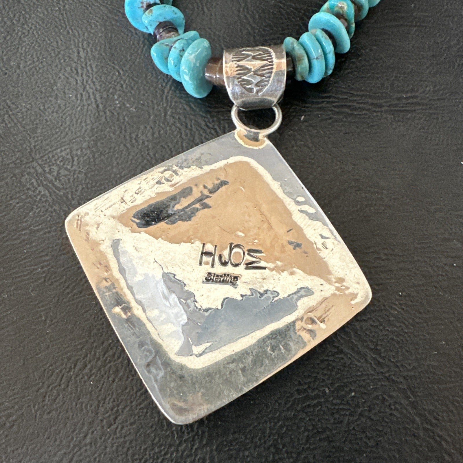 Navajo Blue Turquoise Stamped Pendant Shell Sterling Silver 25” Necklace 19709