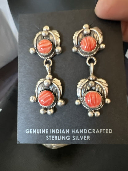 Red Spiny Oyster Pearl Navajo Sterling Silver Dangle Earrings 2062