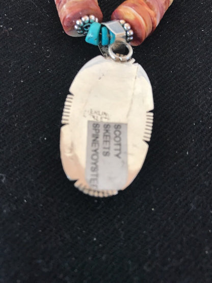 Native Navajo Sterling Silver Turquoise Spiny Oyster Bead Necklace Pendant 10040