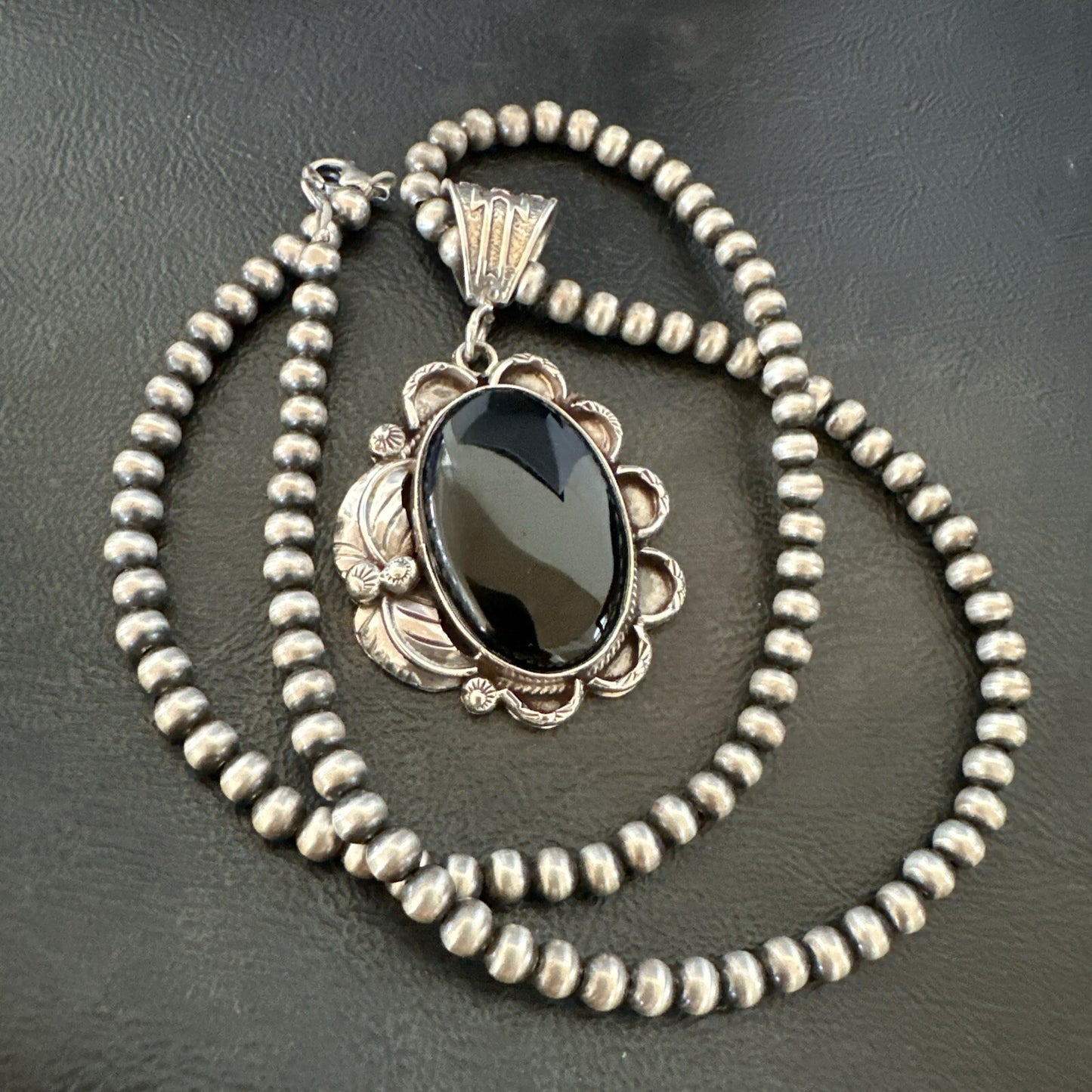 Mens Womens Black Onyx Pendant Navajo Sterling Silver Beads Necklace 18306