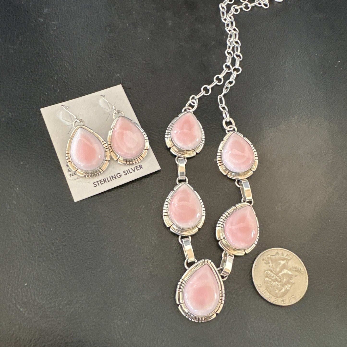 Navajo Pink Conch Choker Lariat Necklace Pendant Earrings 19” 18637