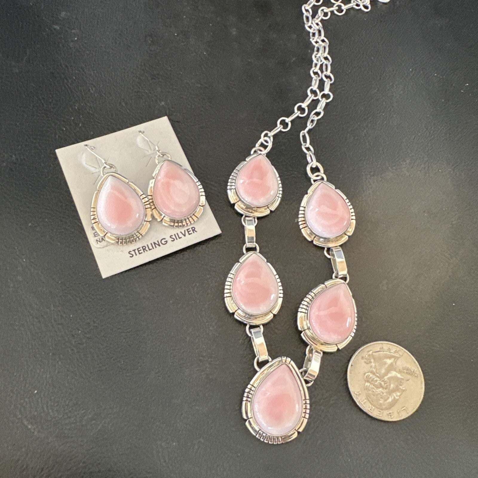 Navajo Pink Conch Choker Lariat Necklace Pendant Earrings 19” 18637