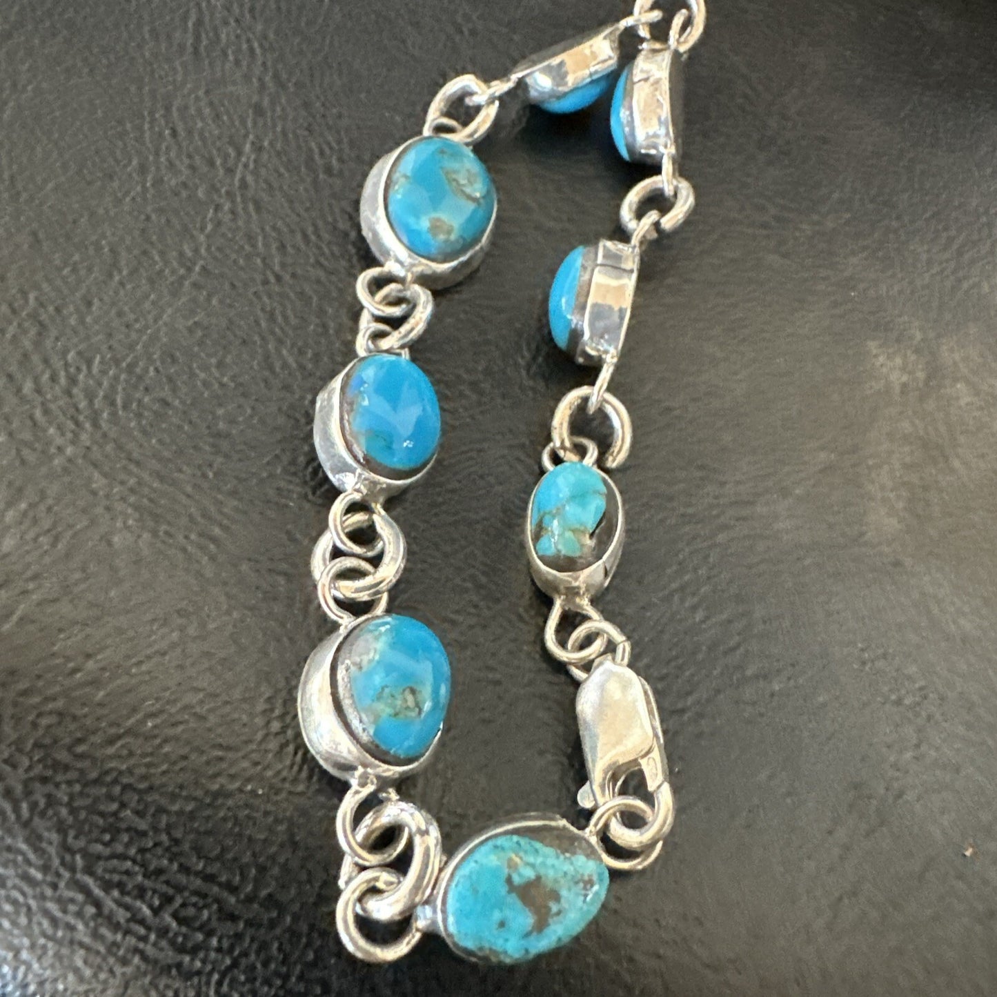 Blue Kingman Turquoise Navajo Sterling Silver Link Bracelet 8” 18301