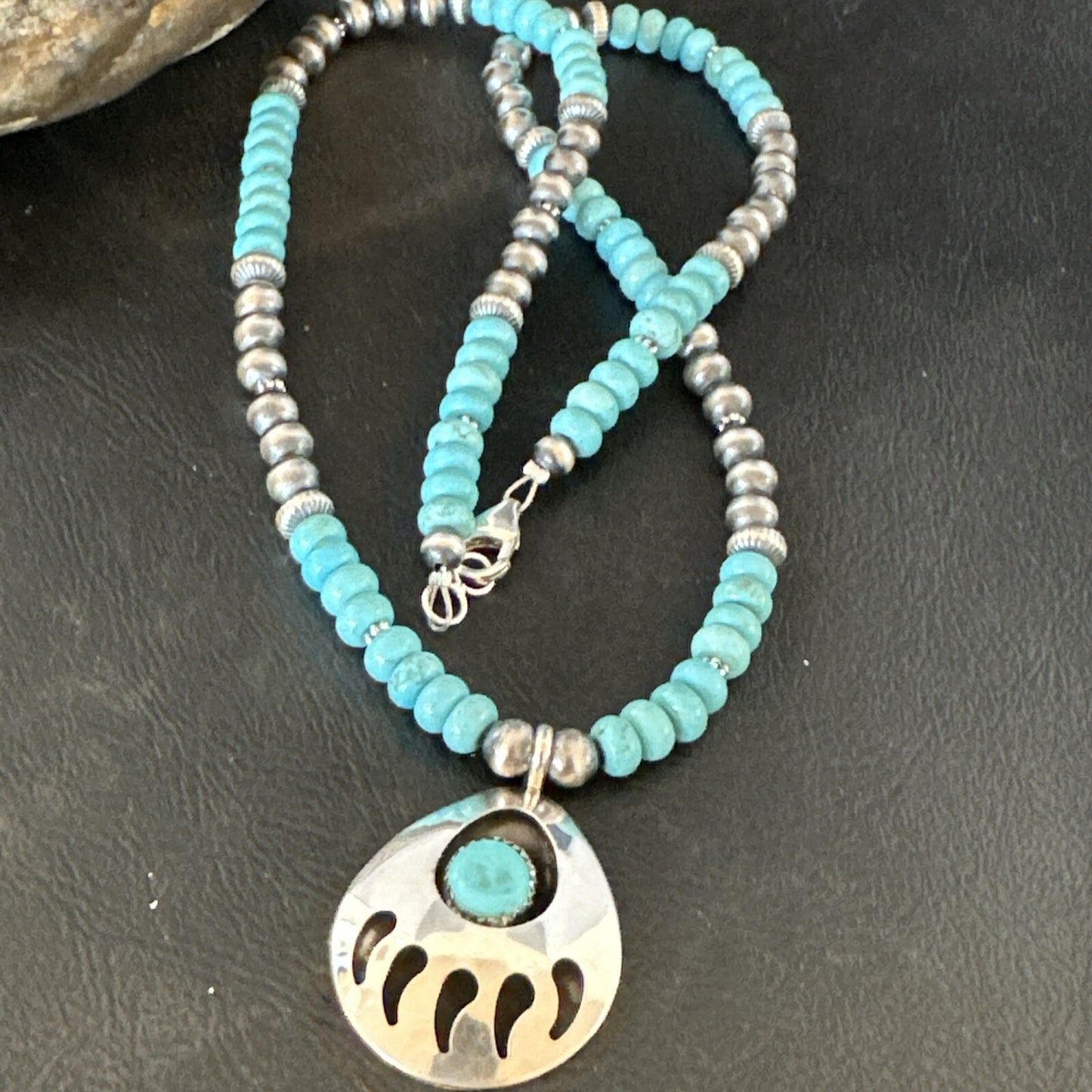 Mens Blue Turquoise BearPaw Pendant Navajo Pearls Sterling Silver Necklace 17880