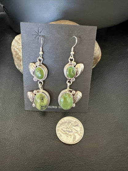 Native Navajo Green Turquoise Sterling Silver Dangle Earrings 2” 17699