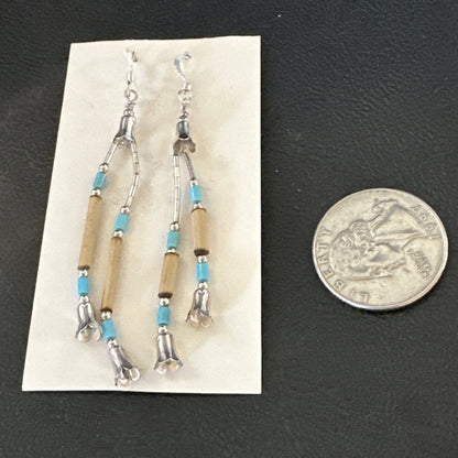 Blue Turquoise Shell Heishi Liquid Sterling Silver Dangle Bead Earrings 17934
