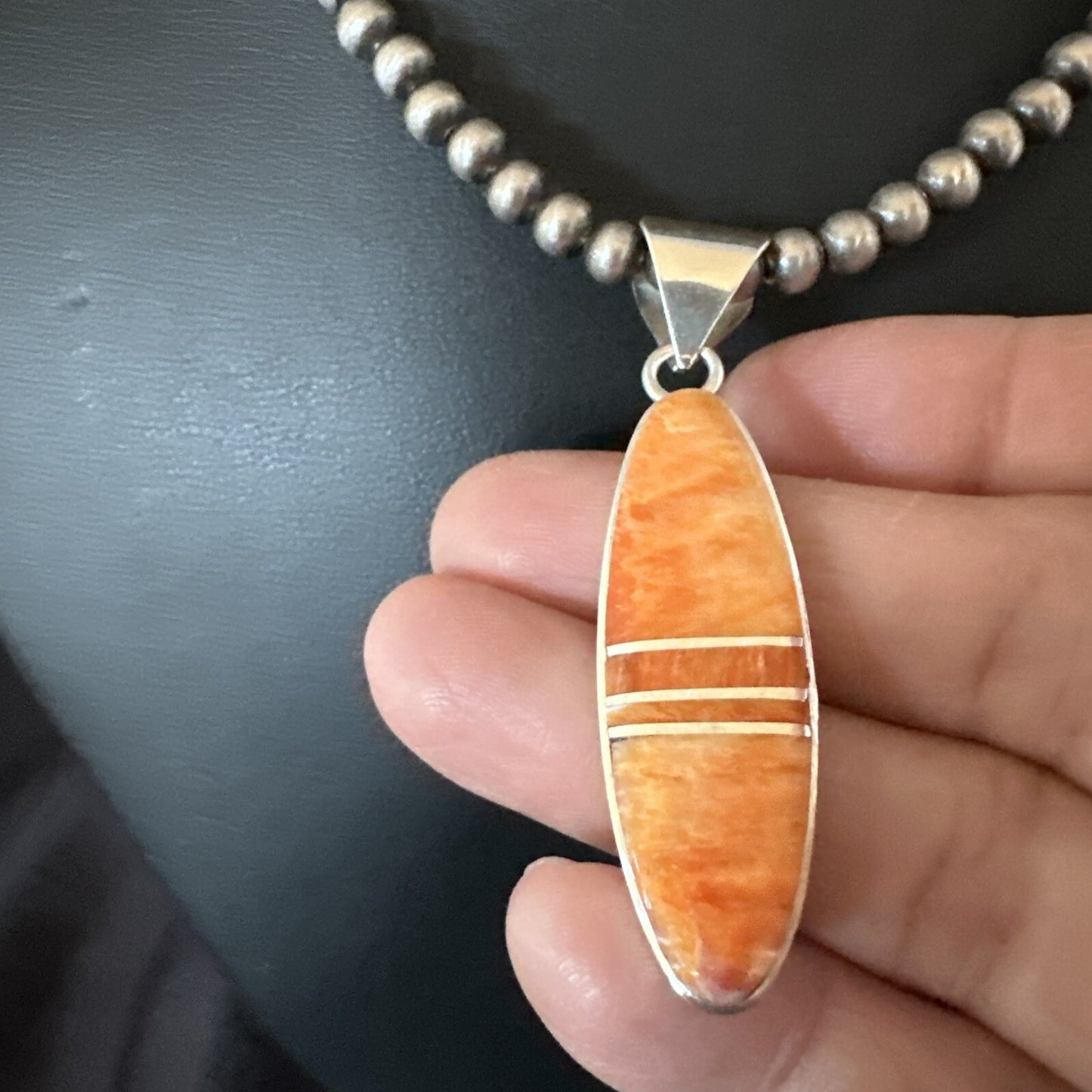 Native Navajo Sterling Silver Orange Spiny Oyster Necklace Inlay Pendant 17811