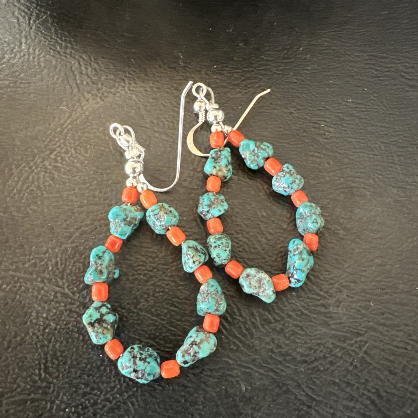 Blue Kingman Nugget Turquoise Coral Navajo Sterling Silver Earrings 2” 18836