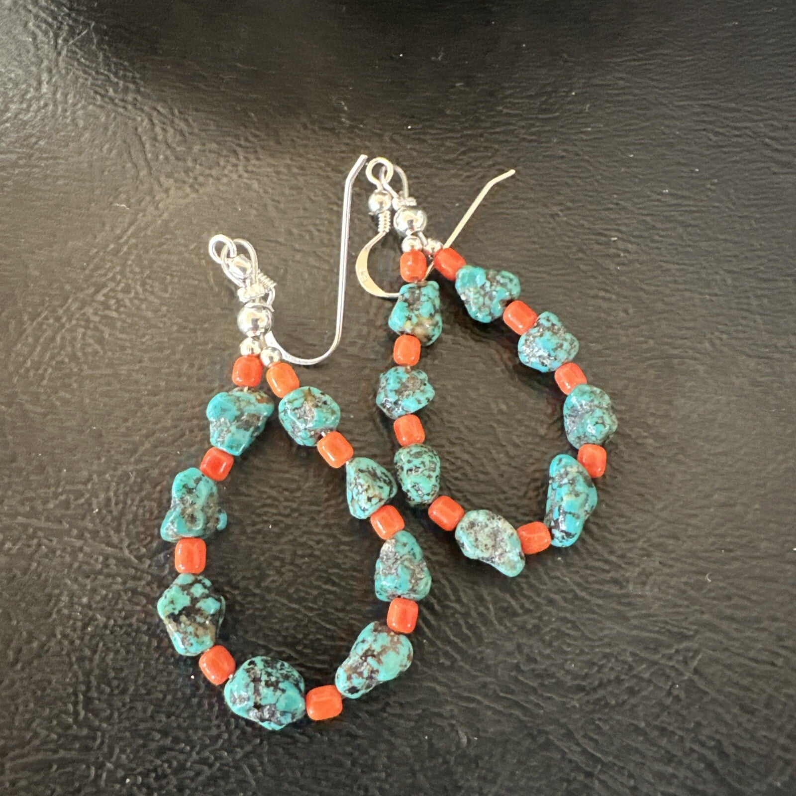 Blue Kingman Nugget Turquoise Coral Navajo Sterling Silver Earrings 2” 18836