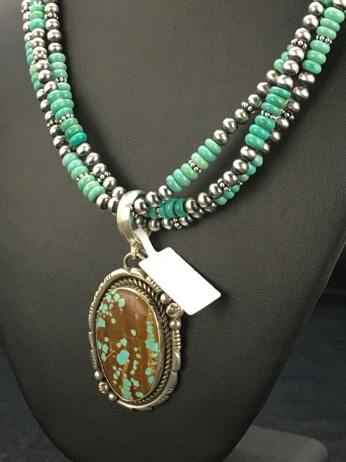 Spider Web Turquoise Pendant Navajo Sterling  Silver Bead 3 Strand Necklace 21in