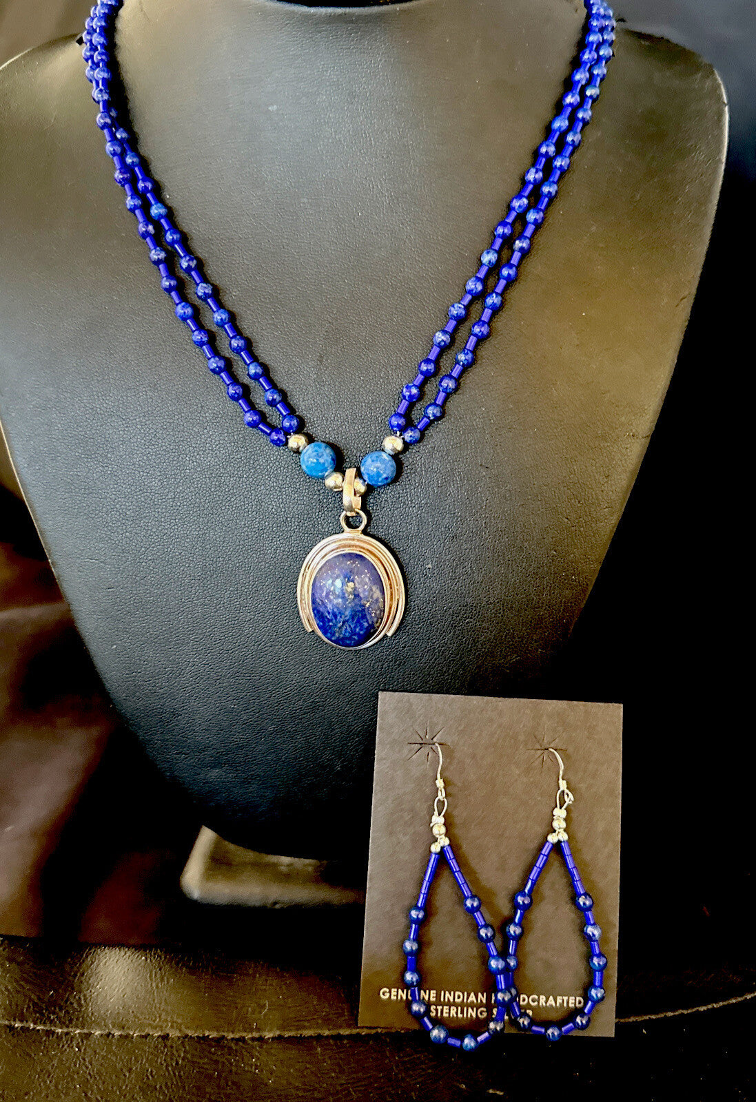 Sterling Silver Navajo Blue Lapis Mens Pendant Necklace Earrings 22” 15539