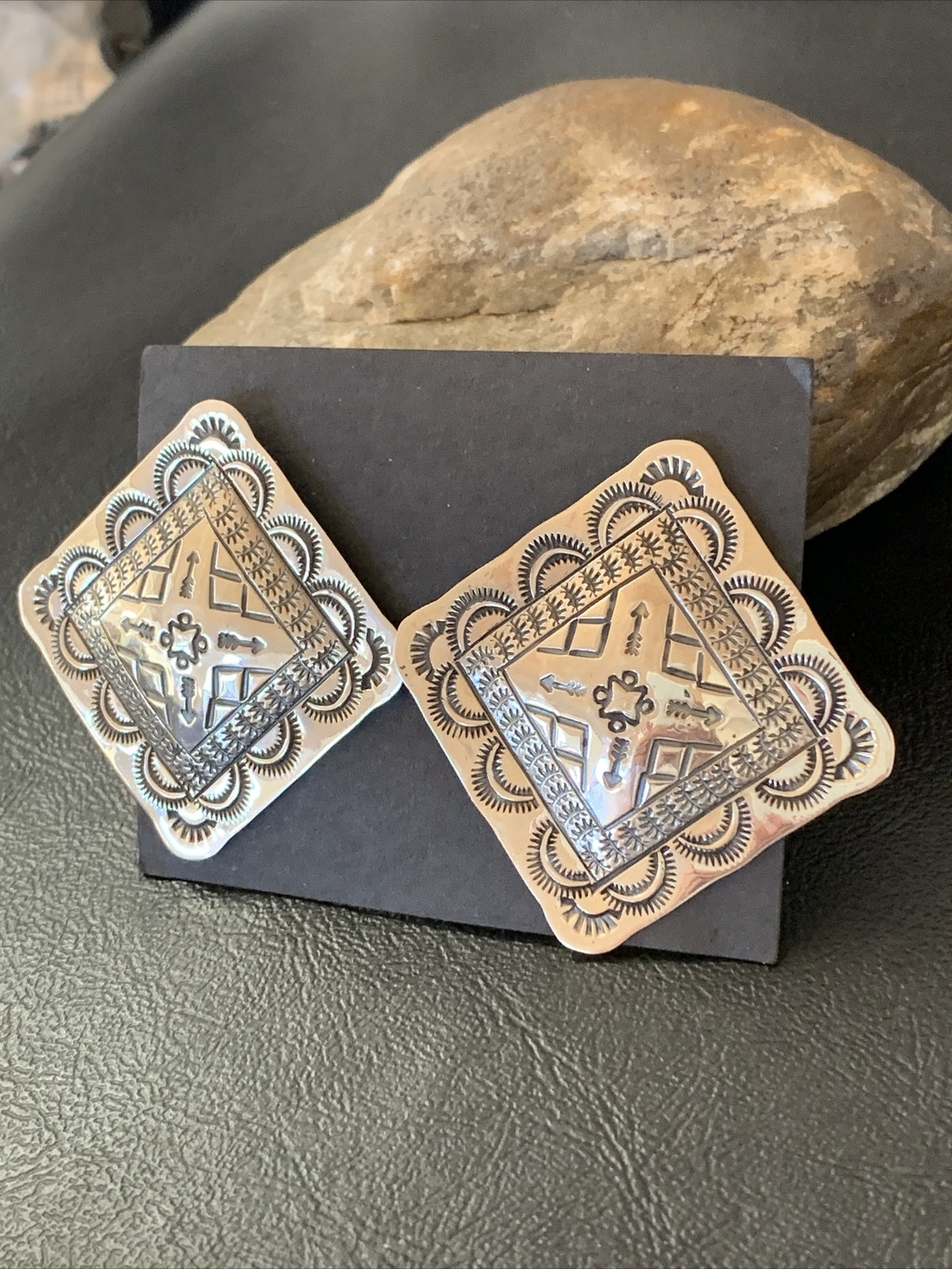 Native American Womens Navajo Sterling Silver Stamped Handmade Earrings