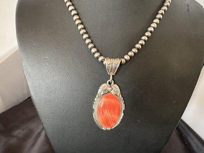 WoMens Red Spiny Oyster Pendant Navajo Sterling Silver Necklace 18365