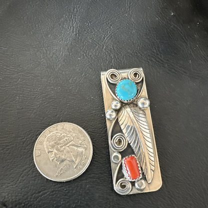 Mens Women Blue Turquoise Coral Navajo Stainless Stamped Silver Money Clip 19736