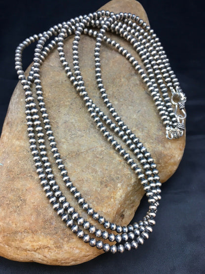Native American Sterling Silver Navajo 4mm Bead 3 Strand 21" Necklace
