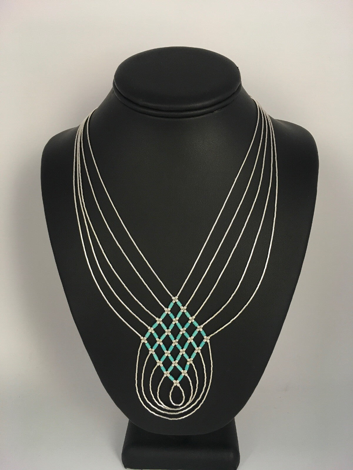 Turquoise Heishi Tubes Pendant 5 Strands Liquid Sterling Silver Necklace 0888
