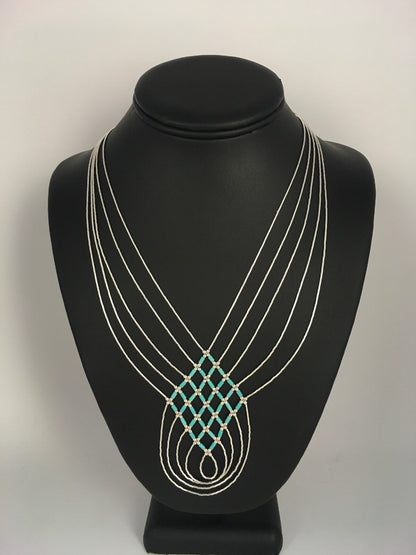Turquoise Heishi Tubes Pendant 5 Strands Liquid Sterling Silver Necklace 0888