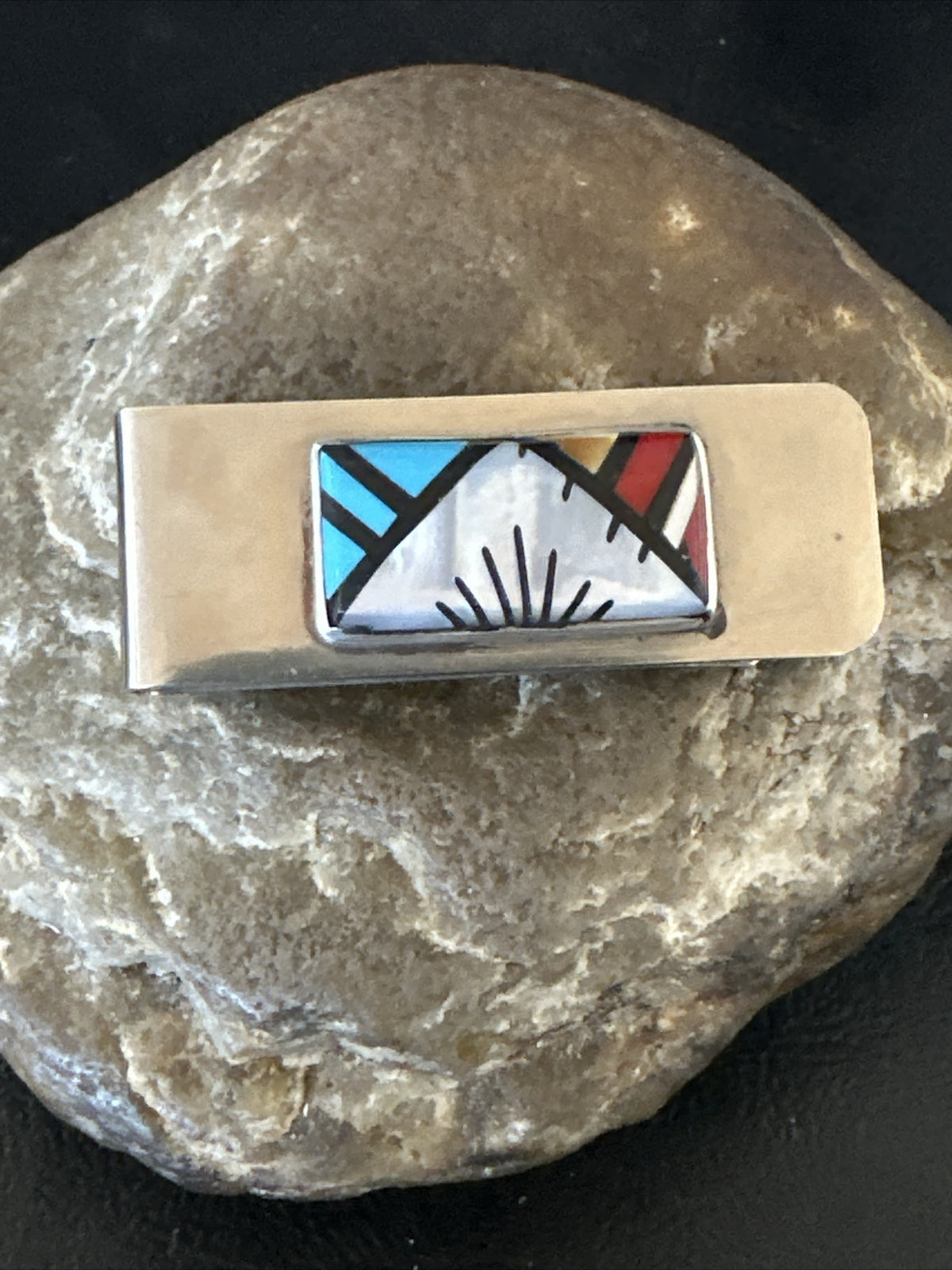 A Zuni Mens Turquoise Spiny Inlay Stainless Sterling Silver Money Clip 17836