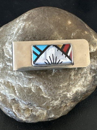 A Zuni Mens Turquoise Spiny Inlay Stainless Sterling Silver Money Clip 17836