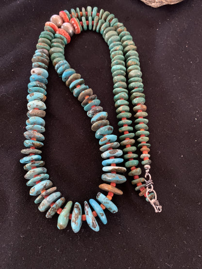 Blue Green Turquoise & Spiny Oyster Navajo Sterling Silver Necklace 28" 01671