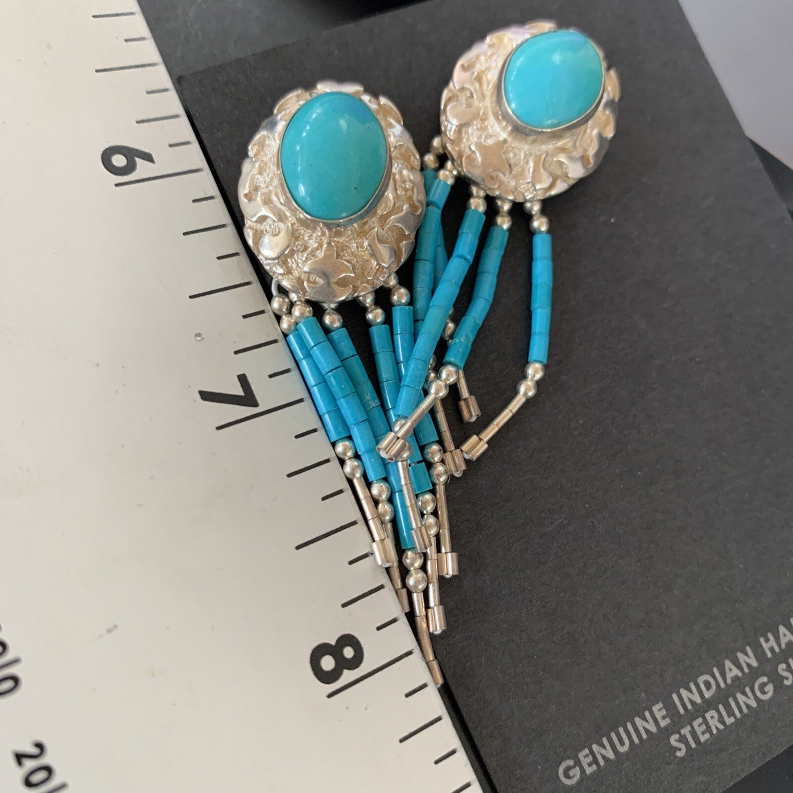 Native Womens Nugget Sterling Silver Blue Turquoise Dangle Earrings 2" 13013