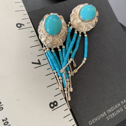 Native Womens Nugget Sterling Silver Blue Turquoise Dangle Earrings 2" 13013