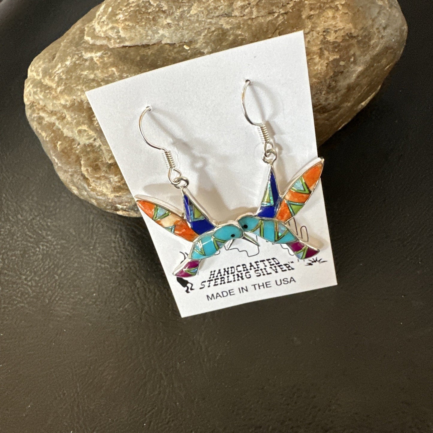 Blue Turquoise Spiny Opal Sterling Silver Hummingbird Dangle Earrings 19132