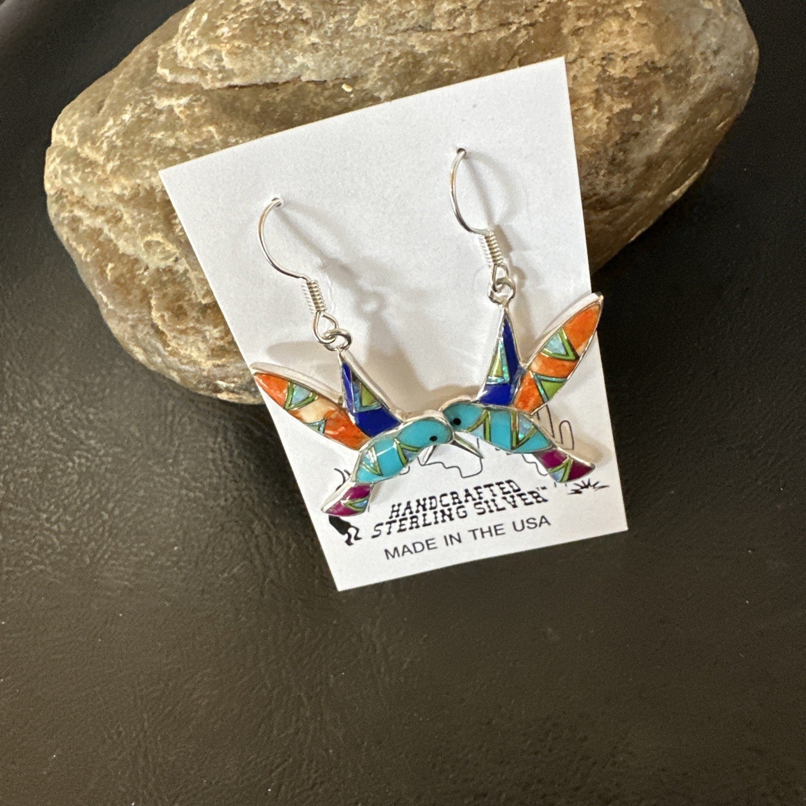 Blue Turquoise Spiny Opal Sterling Silver Hummingbird Dangle Earrings 19132