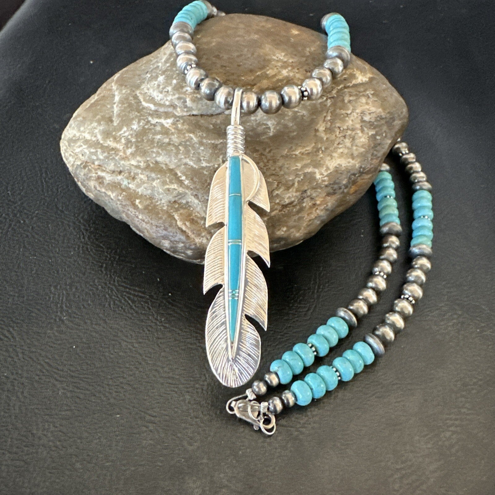Mens Feather Turquoise Pendant Navajo Sterling Silver Beads Necklace 22" 18669