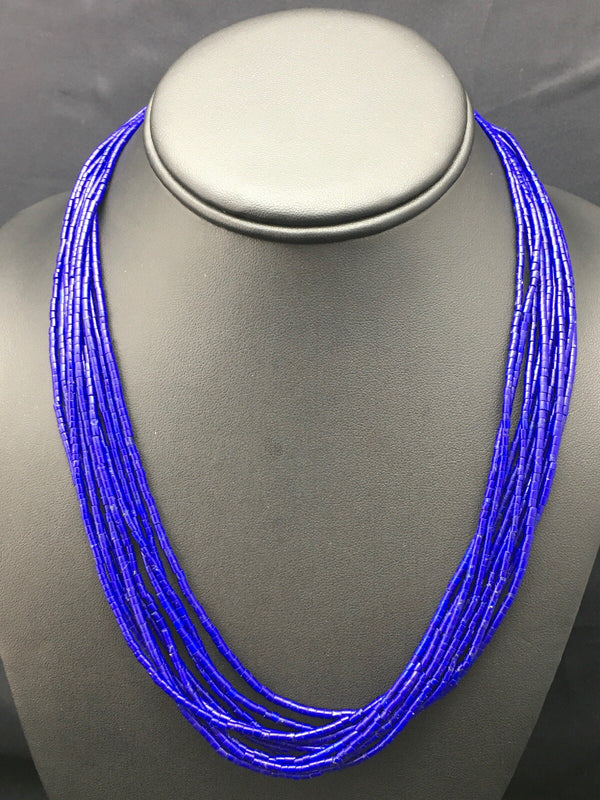 Stabilized Lapis Lazuli 10 Strand Tube Heishi Necklace 26" | Sterling Silver | Authentic Native American Handmade | 19714