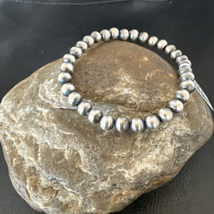 Native American 6mm Beads 8” Sterling Silver Stretch Beads Bracelet 99068