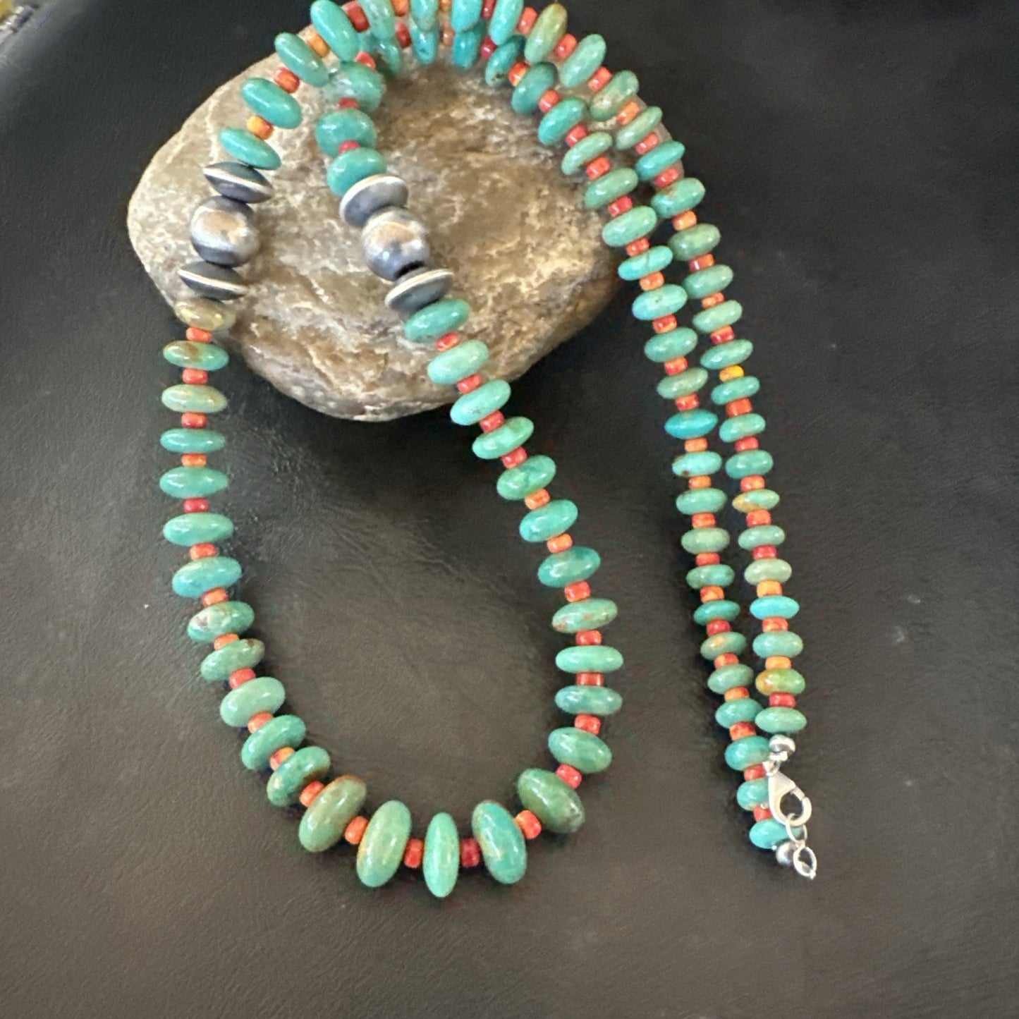 Green Turquoise Spiny Navajo Pearls Sterling Silver Necklace 26” 19682