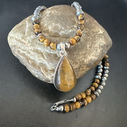 Coffee Brown Tigers Eye Sterling Silver Pendant Necklace Southwestern 18280