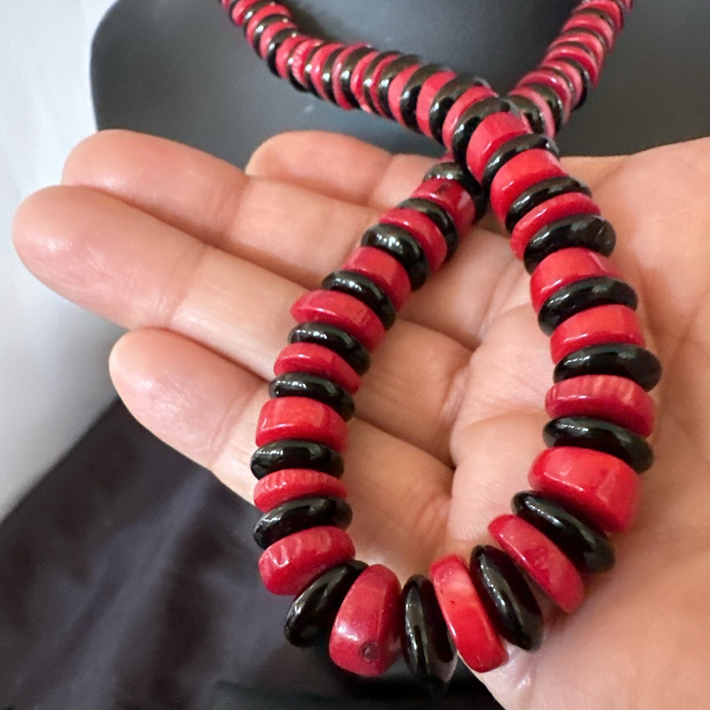 Mens Womens Red Coral Black Onyx  Navajo Sterling Silver Necklace 10mm 17869