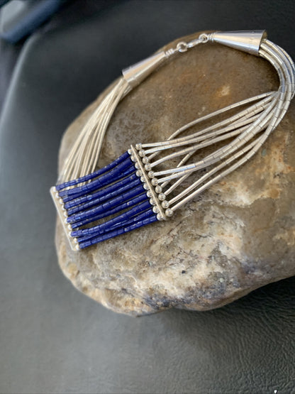 Blue Lapis Liquid Heishi Tubes 10 Strands Sterling Silver Bracelet 7.25" 12635