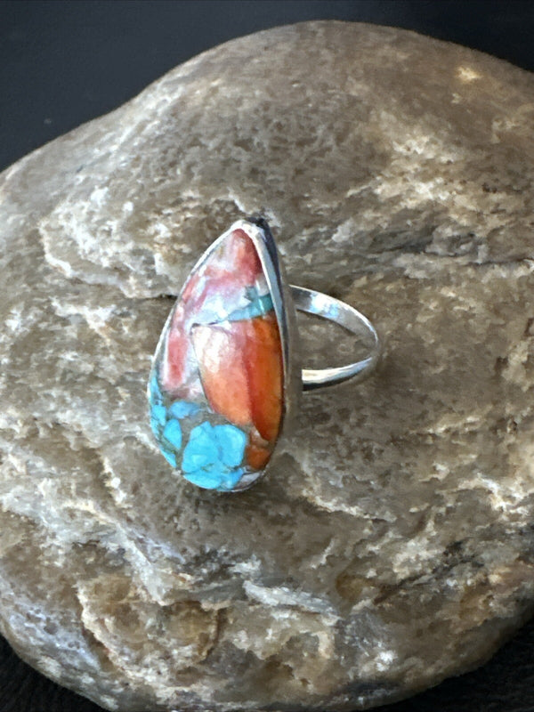 Blue Turquoise Spiny Oyster Southwestern Ring Size 8 | Sterling Silver | Authentic Native American Handmade | 18435