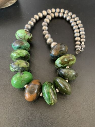 Navajo Chunky Graduated Green Turquoise Necklace Sterling Silver 18" 11768